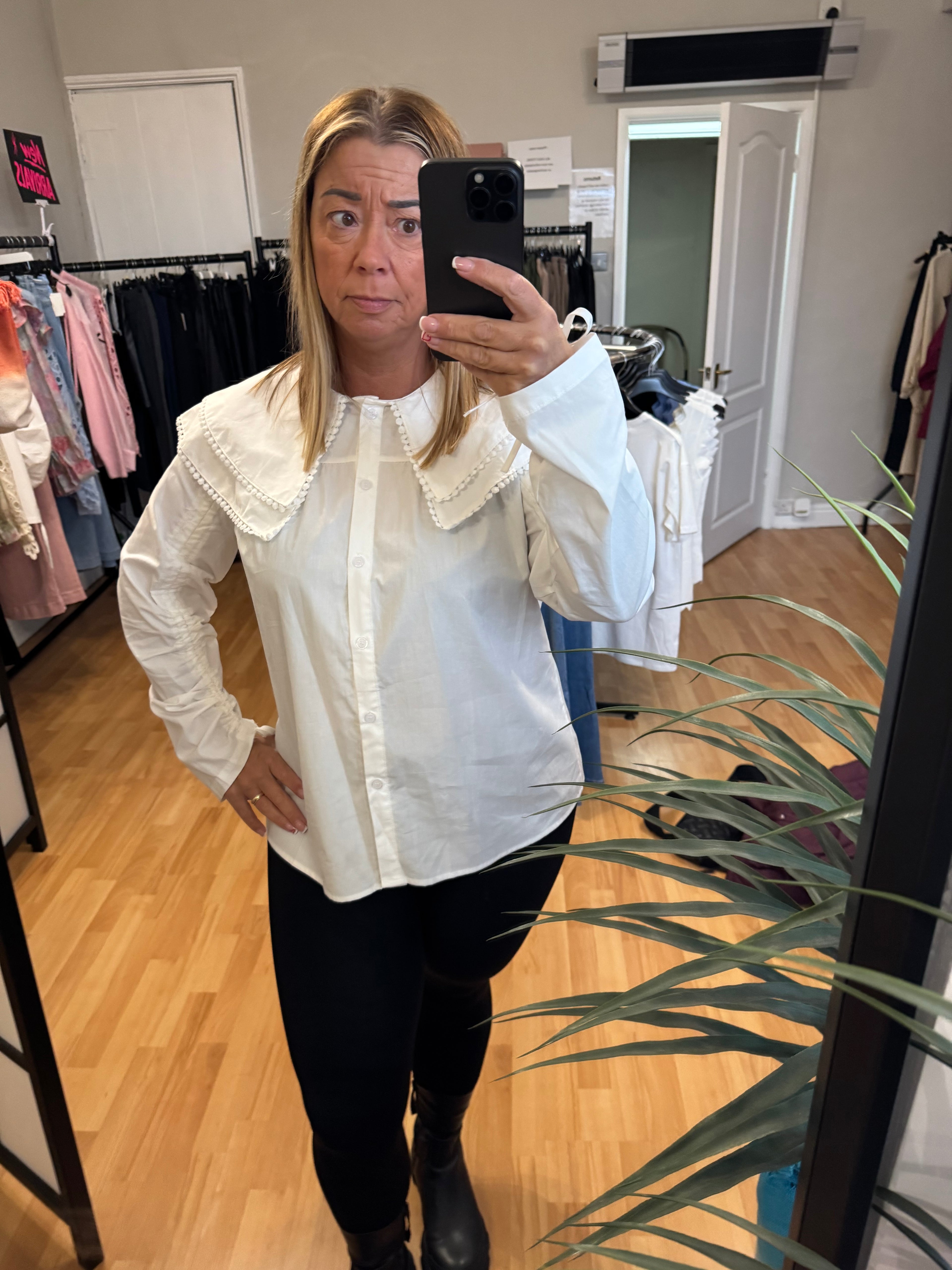 White cotton blouse with wide collar