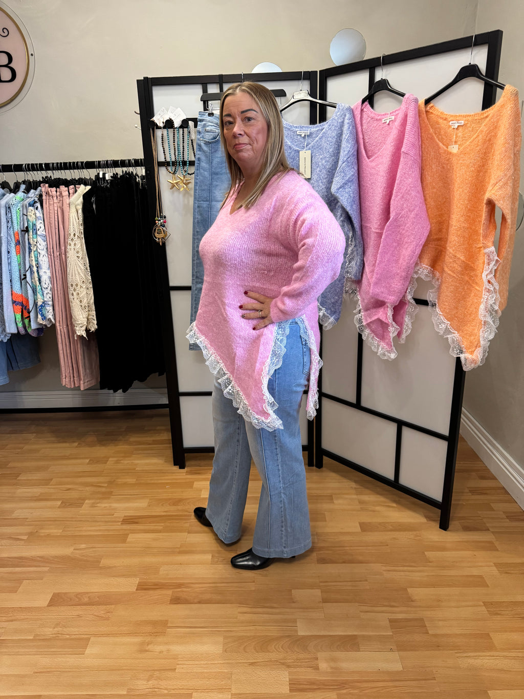 Pink  asymmetrical lace hem jumper