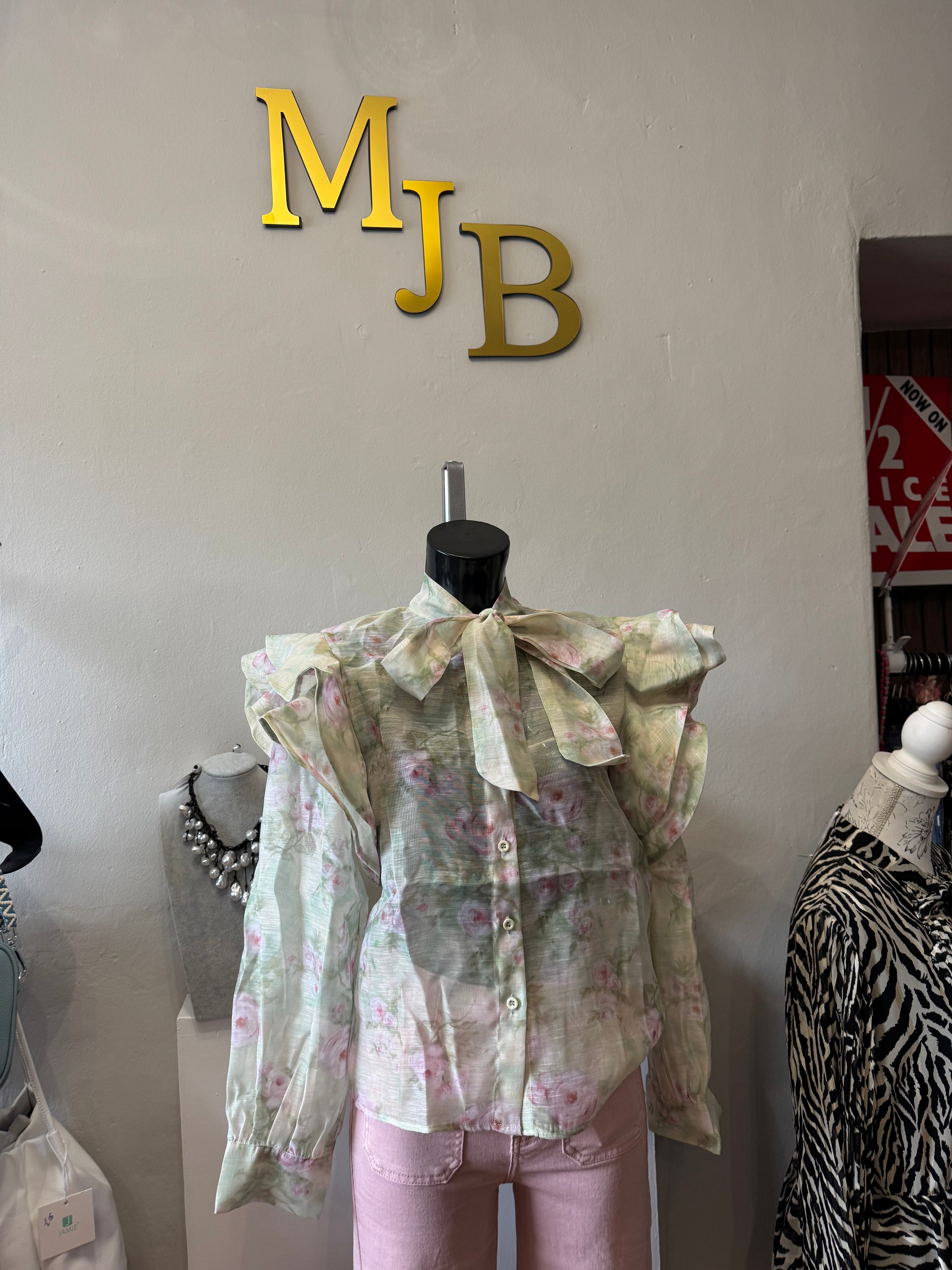 Green floral pussy bow blouse 10