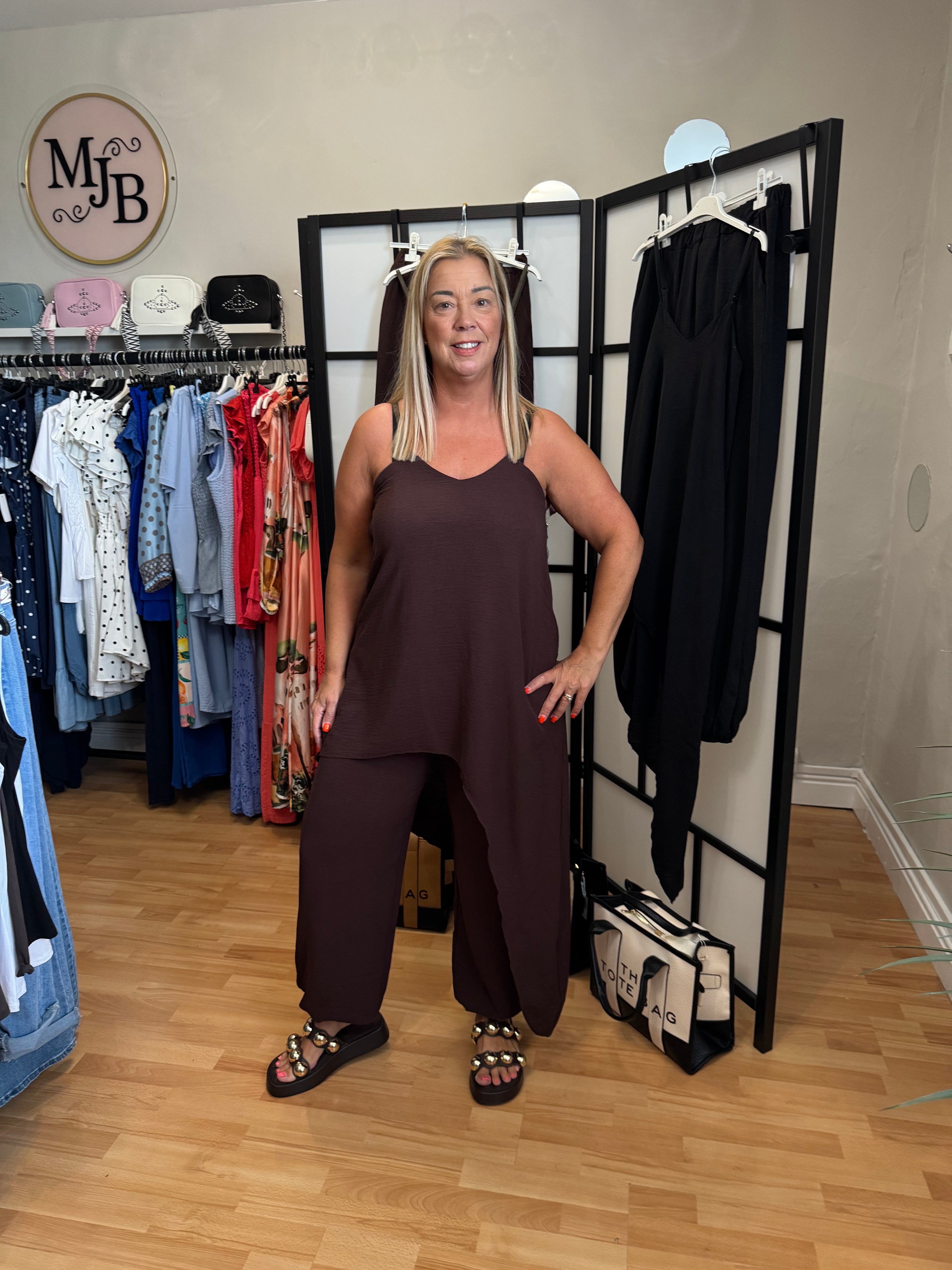 Chocolate brown asymmetrical top and balloon trousers
