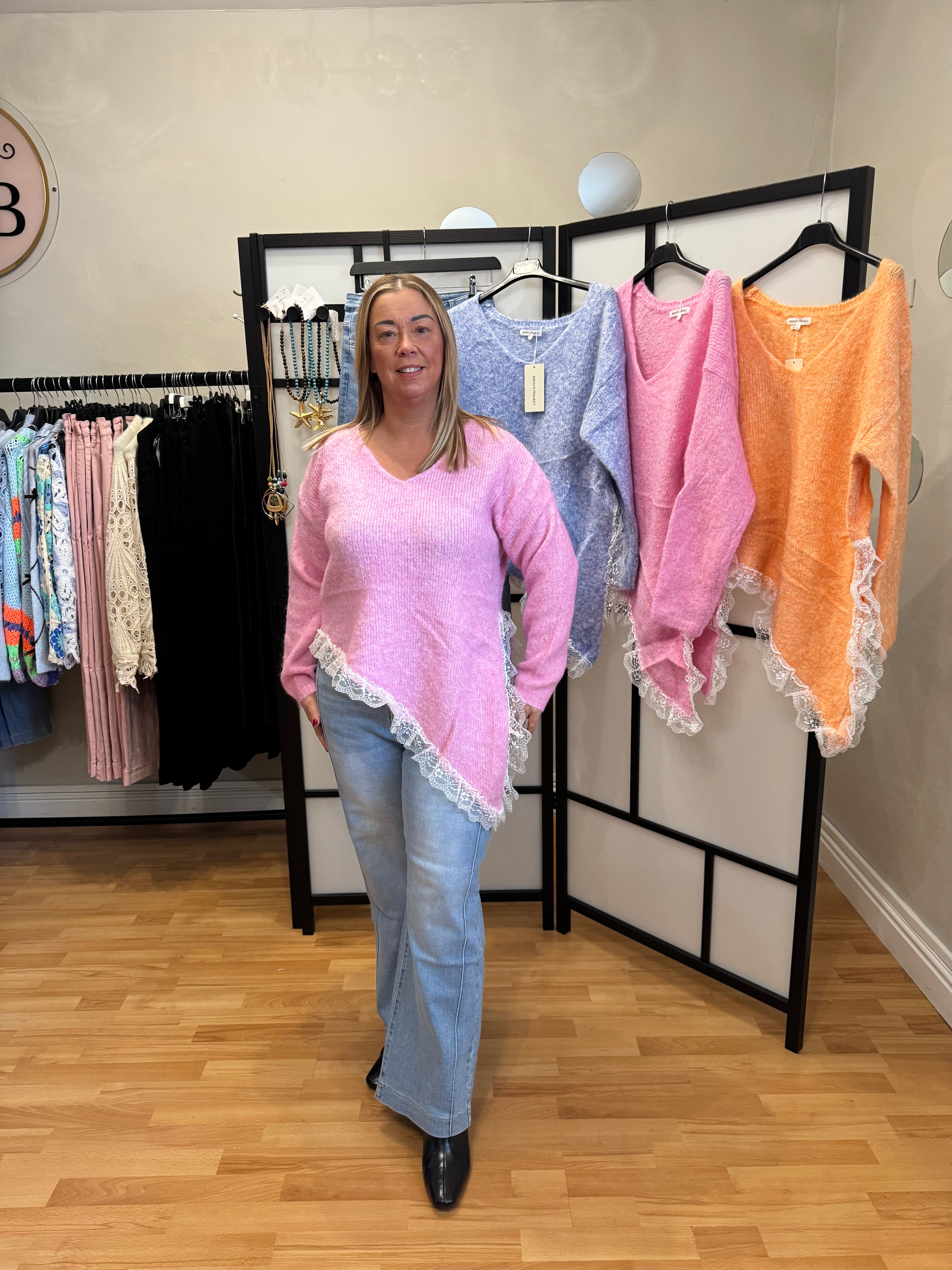 Pink  asymmetrical lace hem jumper