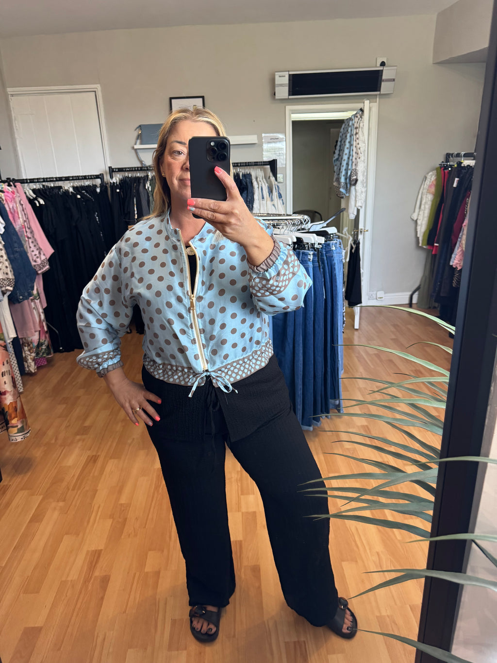 Blue polka dot summer bomber jacket 6-16